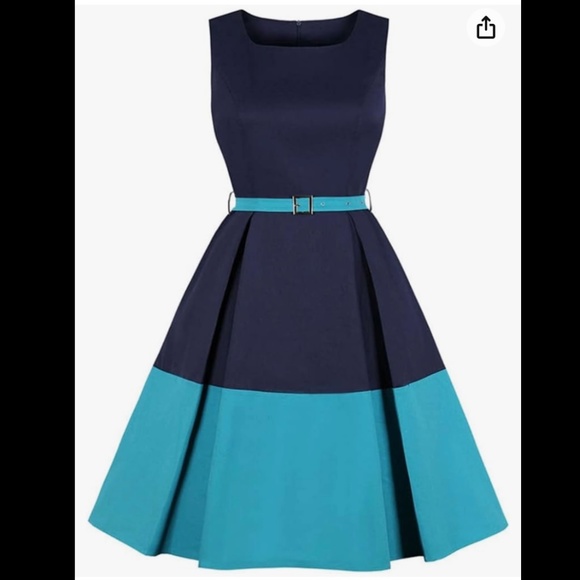 Navy Blue and Blue Scoop Neck Retro Midi Dress with Pockets and Belt, Size Small - Picture 2 of 12